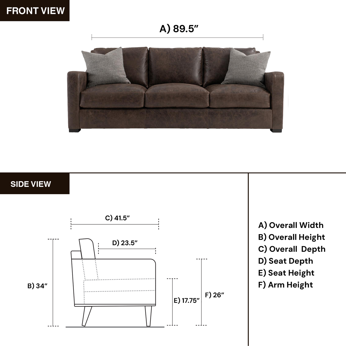 Ventura sofa dimensional view for scale reference for comfort design furniture