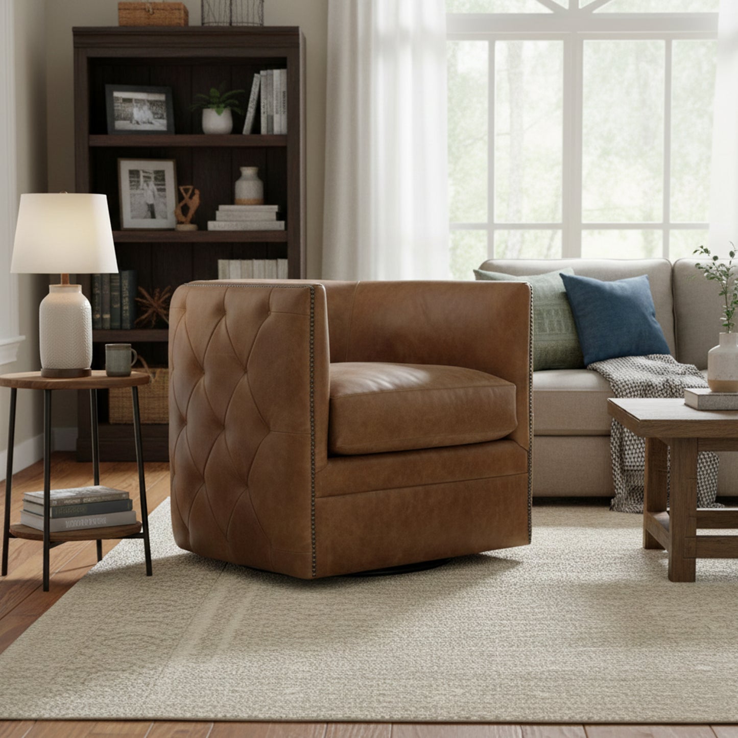 Bernhardt Palazzo Leather Barrel Back Tufted Swivel Accent Chair