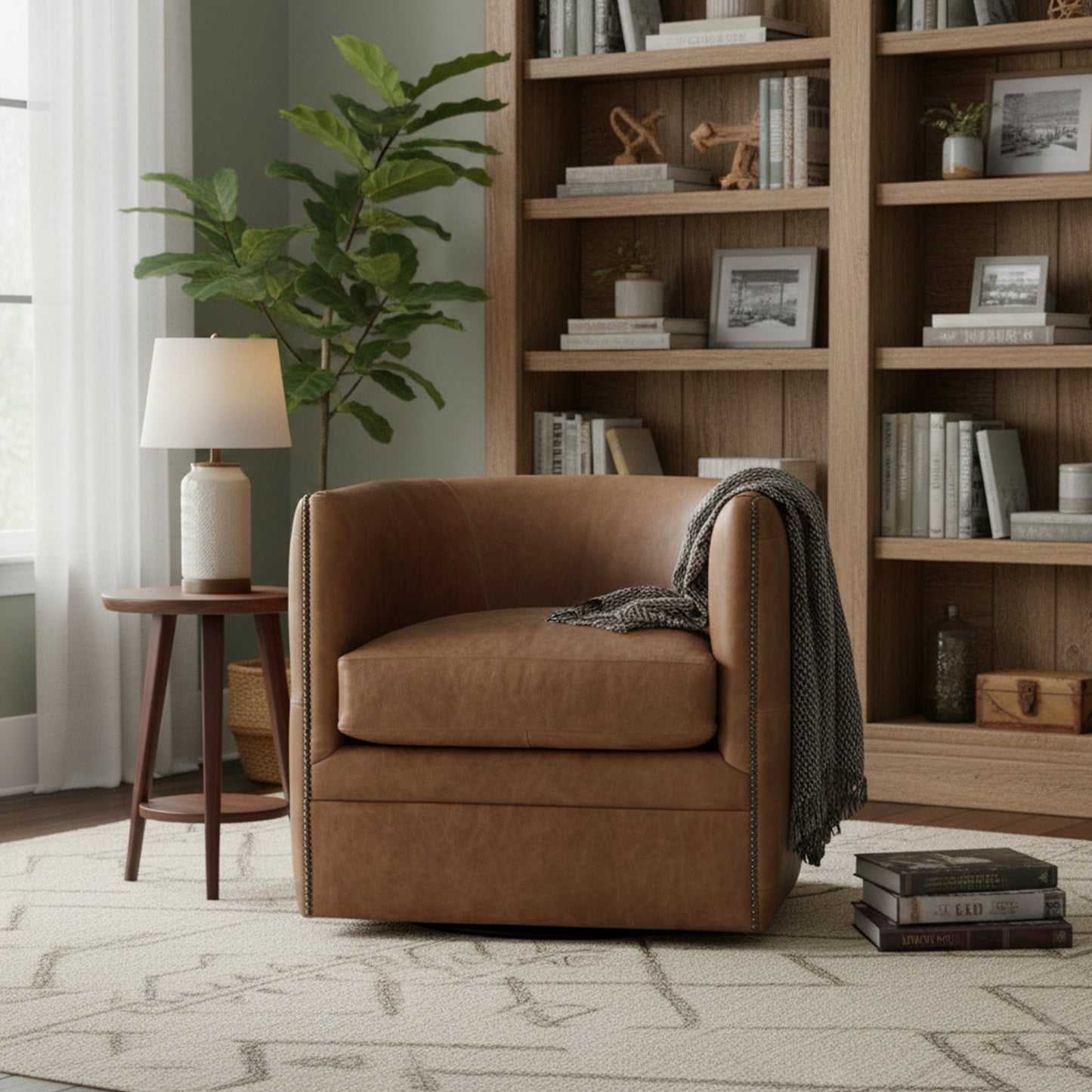 Bernhardt Palazzo Leather Barrel Back Tufted Swivel Accent Chair