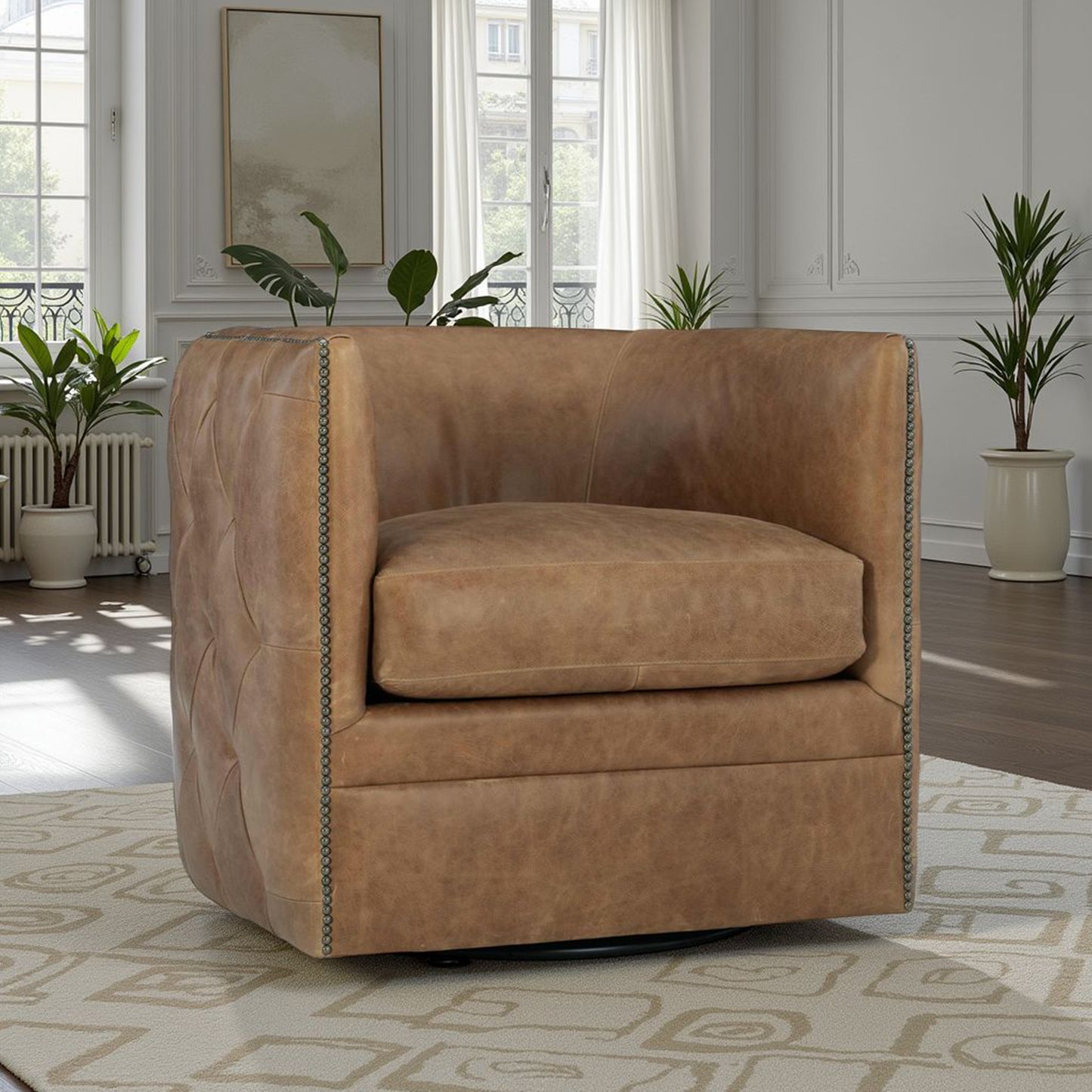 Bernhardt Palazzo Leather Barrel Back Tufted Swivel Accent Chair