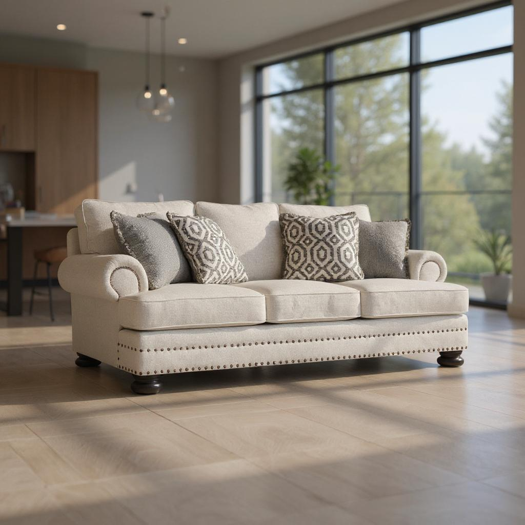 Bernhardt Foster 3-Seater Sofa with rolled arms, upholstered in soft fabric, featuring plush cushions and a classic, elegant design.