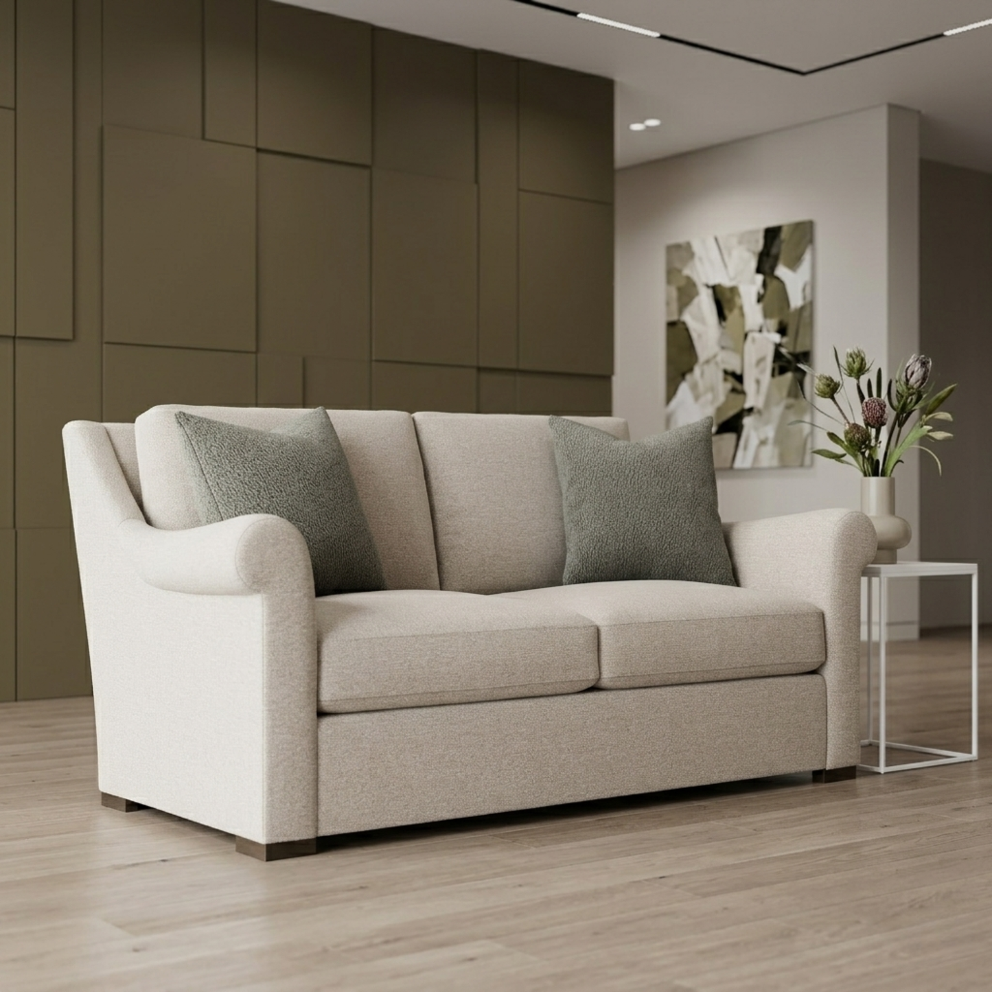 Bernhardt Keirnan Gray Fabric Loveseat with Rolled Arms