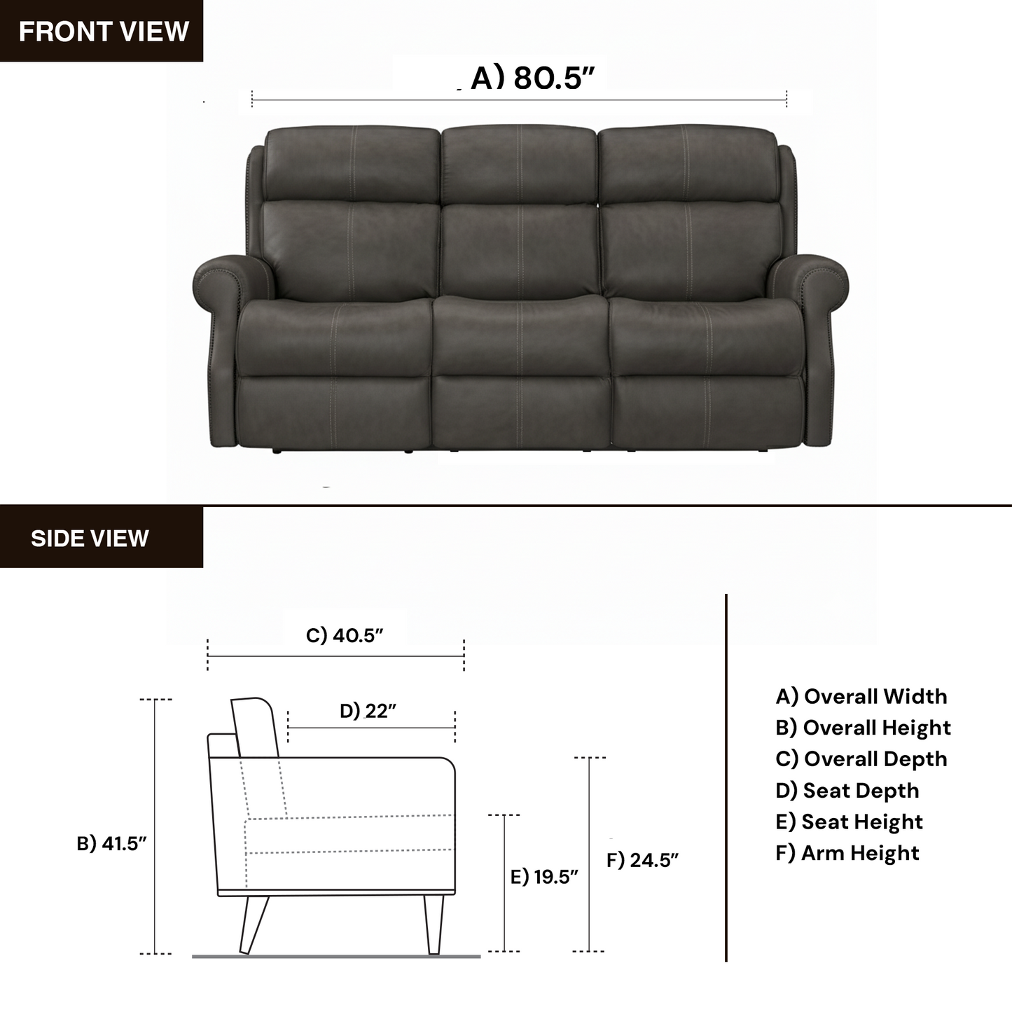 McGwire power sofa showing the dimension view for comfort design furniture