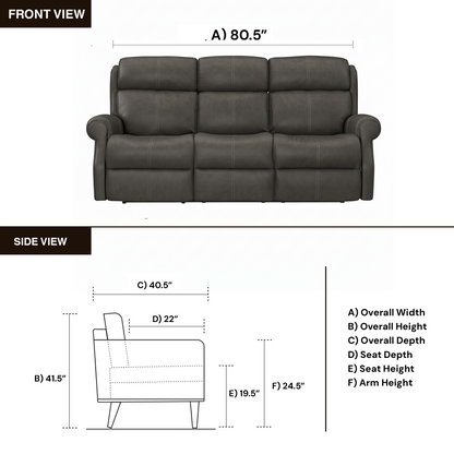 McGwire power sofa showing the dimension view for comfort design furniture