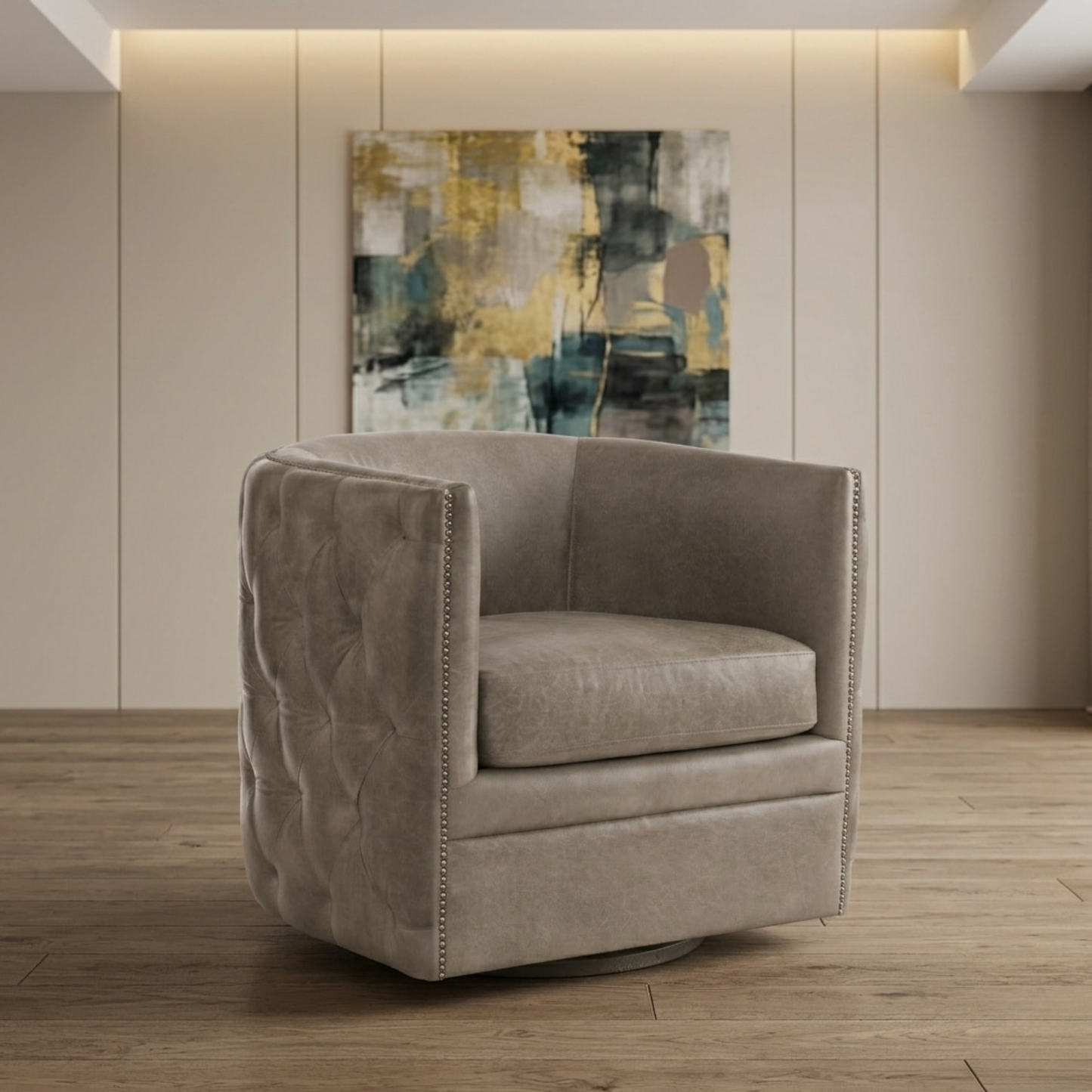 Bernhardt Palazzo Leather Barrel Back Tufted Swivel Accent Chair