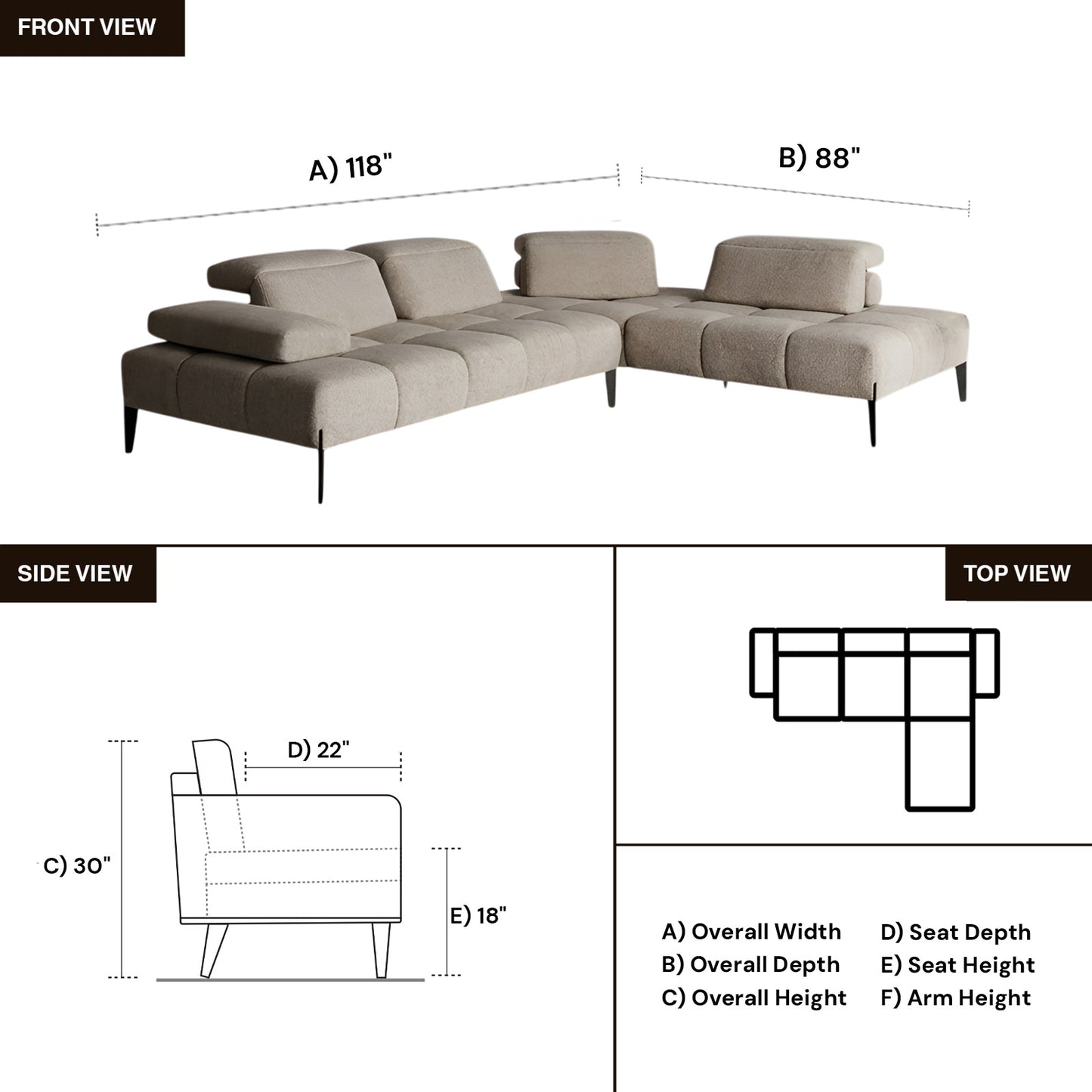 Calia Italia Skyline Modular Sectional Long Chaise With Adjustable Headrest