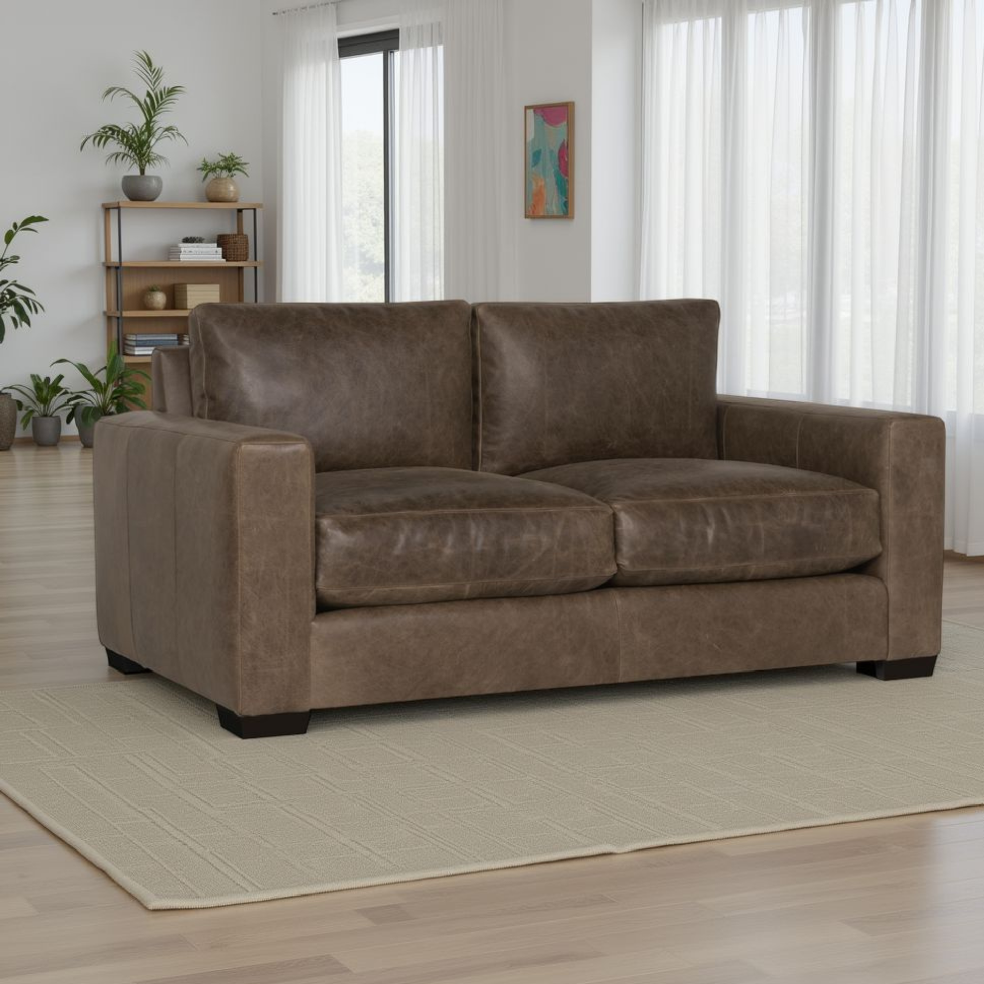 Dawkins brown leather loveseat sofa top view showing two cushion seats and track arms for comfort design furniture
