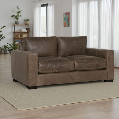 Dawkins brown leather loveseat sofa top view showing two cushion seats and track arms for comfort design furniture