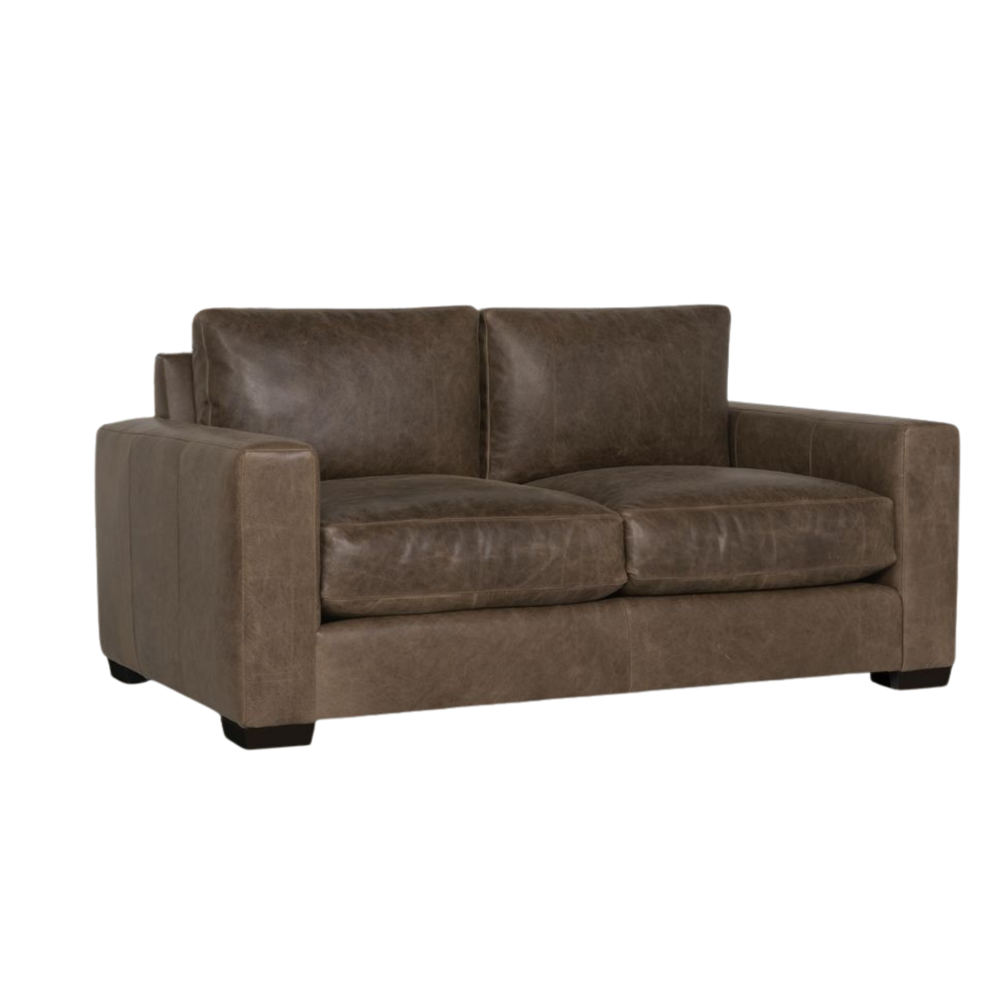 Dawkins brown leather loveseat with track arms and two cushion seats for Comfort Design Furniture