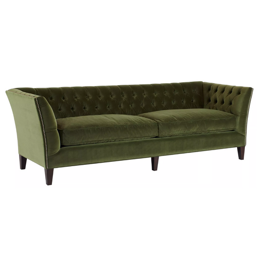 Duncan Tufted Sofa in green  upholstery with deep button-tufting, nailhead trim, and wooden legs – elegant 2-seater design