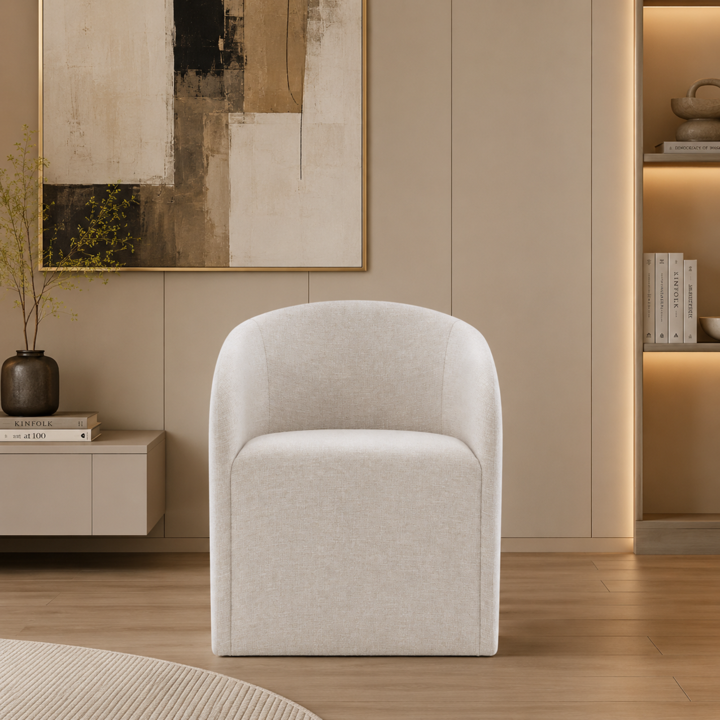 Bernhardt Finch Beige Fabric Arm Dining Chair with No Visible Legs