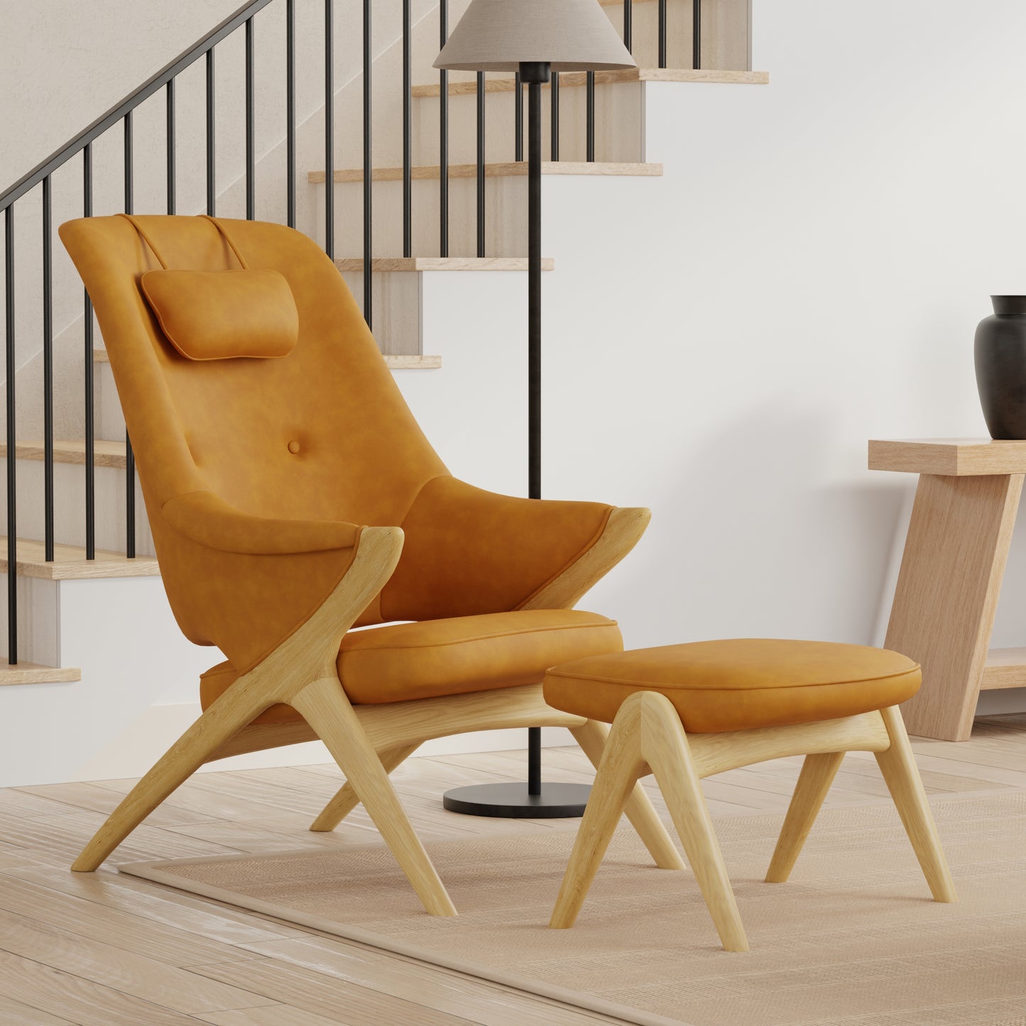 Fjords Bravo Leather Chair with Headrest Pillow and Ottoman