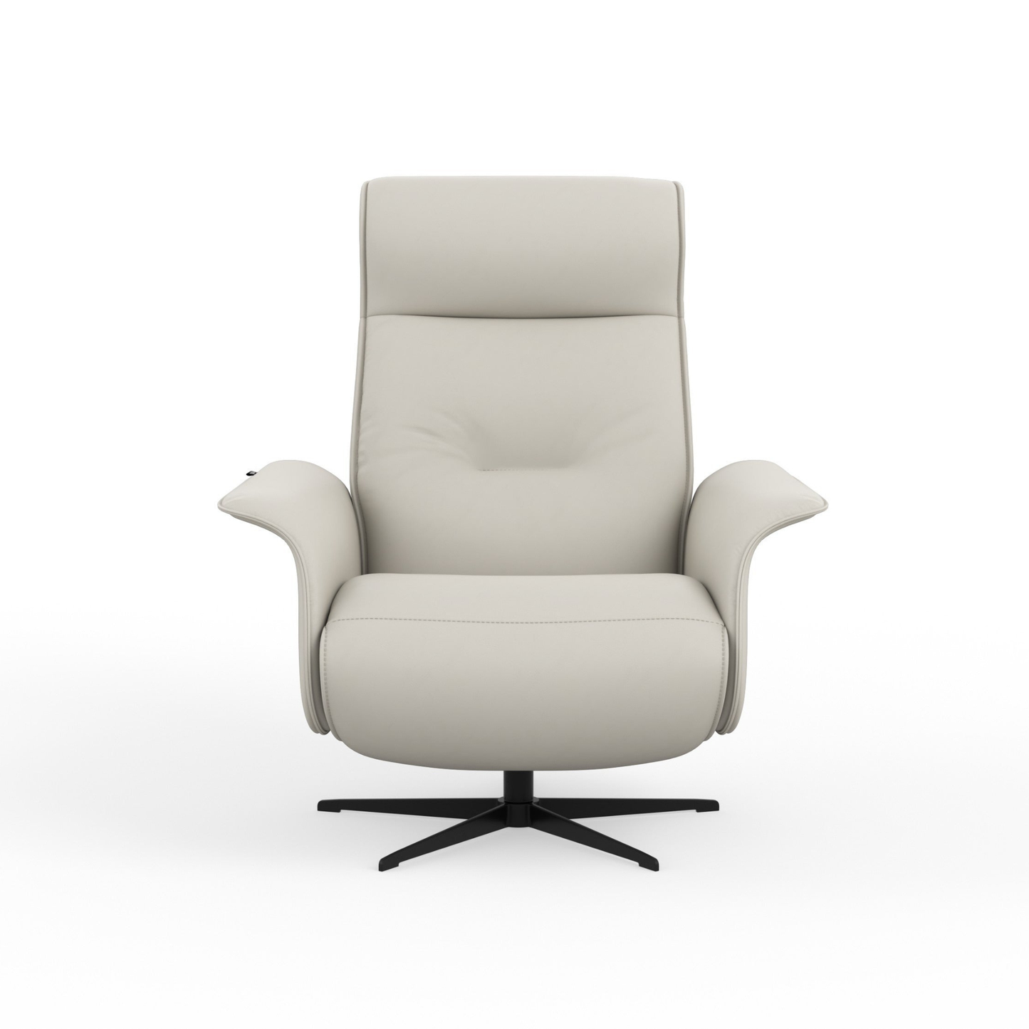 Fjords Finn leather power recliner chair in upright position, front view for comfort furniture