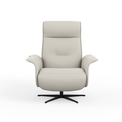 Fjords Finn leather power recliner chair in upright position, front view for comfort furniture