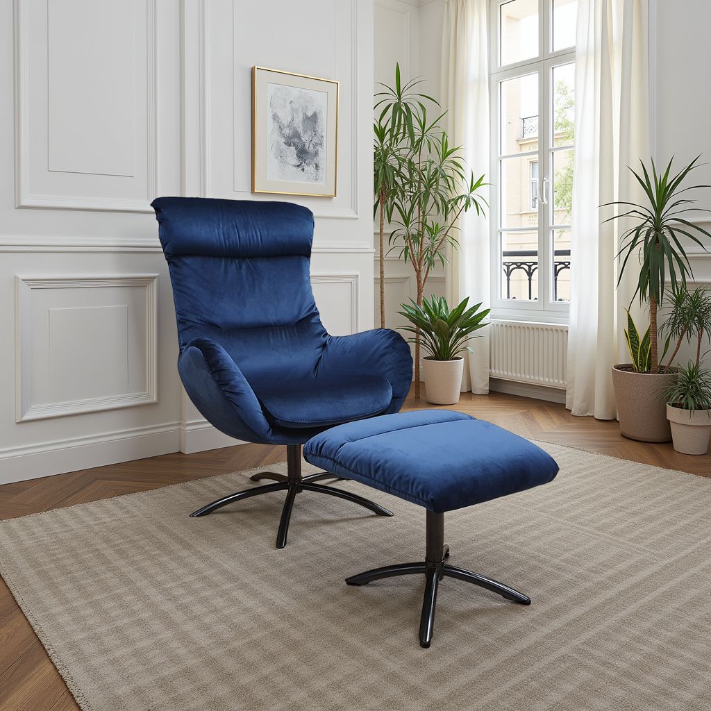 Fjords Skagen high back velvet chair with ottoman in living room setting for comfort furniture