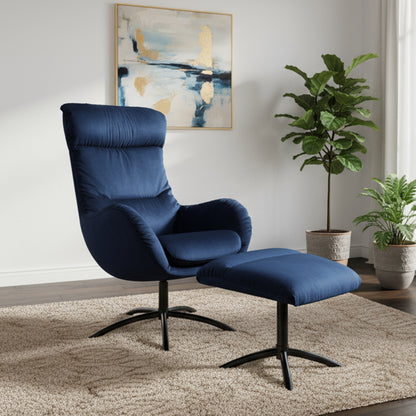 Fjords Skagen velvet chair and ottoman - side angle view in living room for comfort furniture