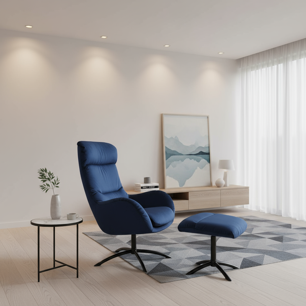 Fjords Skagen velvet chair and ottoman - side angle view in living room for comfort furniture