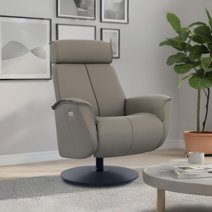 Fjords Bo recliner side view showing swivel glider in living room for comfort furniture