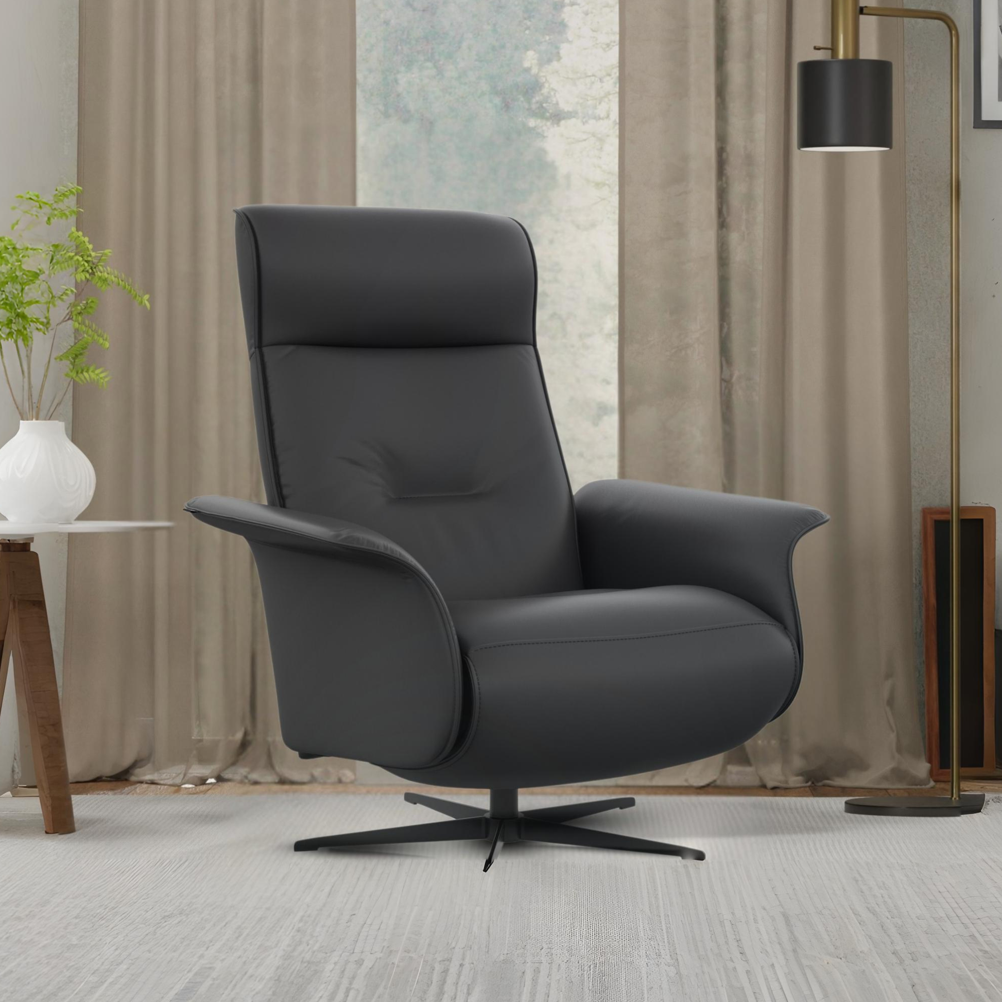 Fjords Finn swivel glider recliner, side angle view showing leather upholstery for comfort furniture
