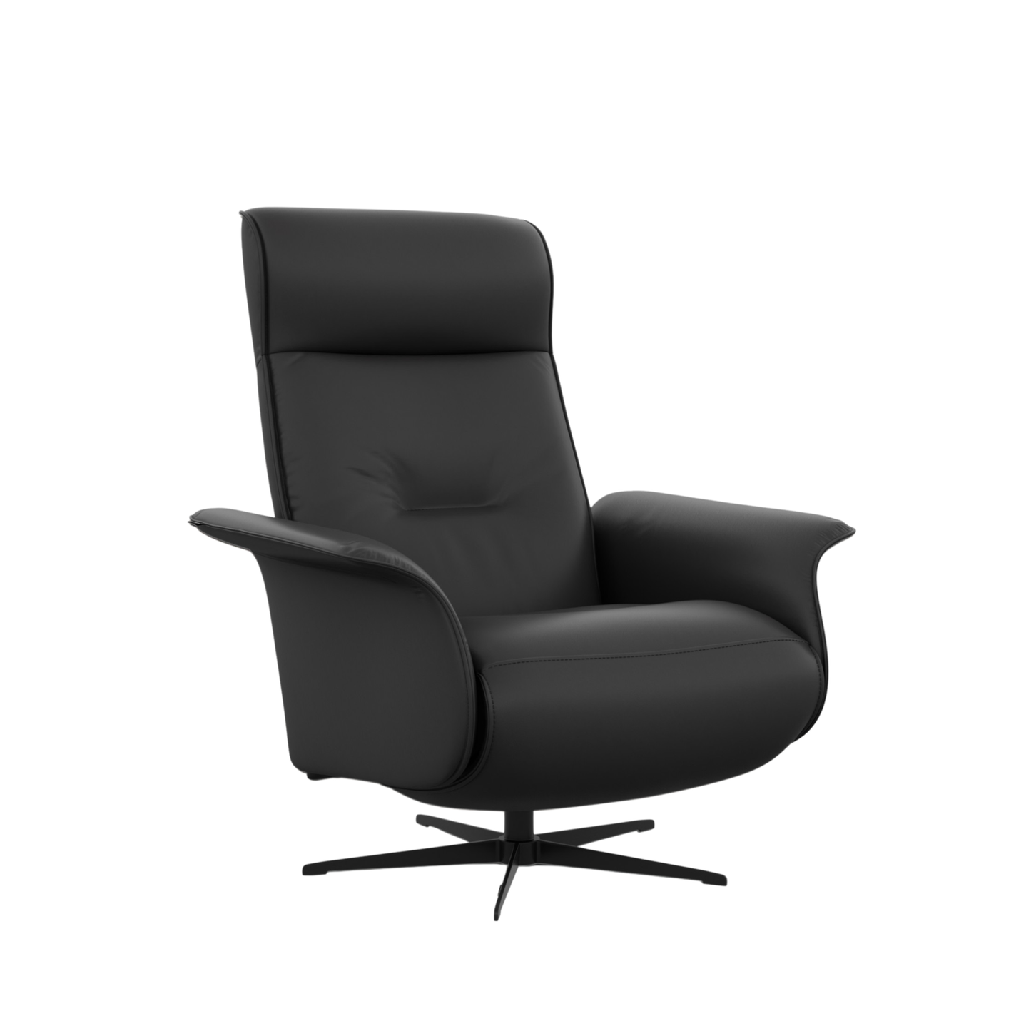 Fjords Finn leather power recliner chair in upright position, front view for comfort furniture