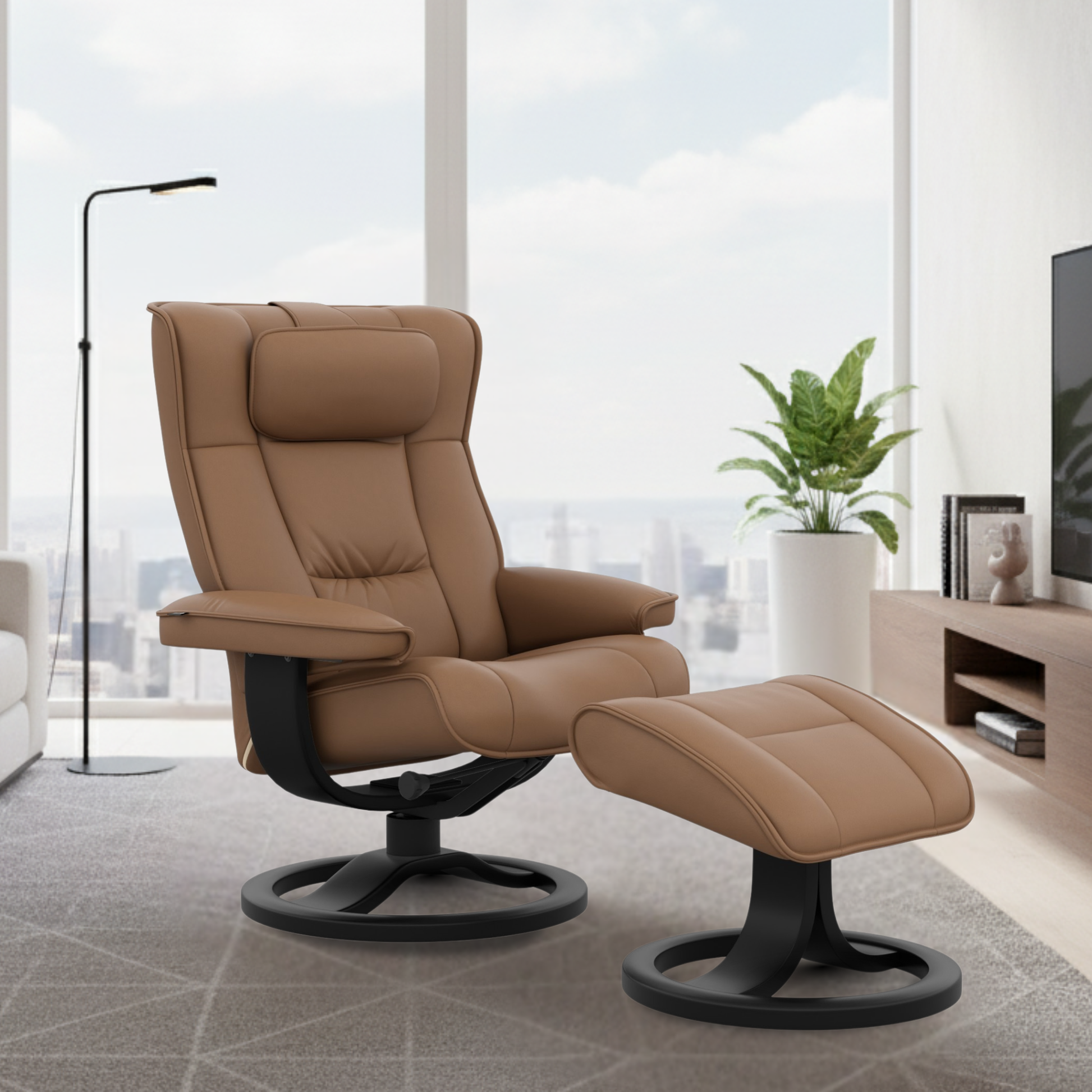 Fjords Regent R Leather Swivel Manual Recliner Chair with Footstool-ComfortDesign