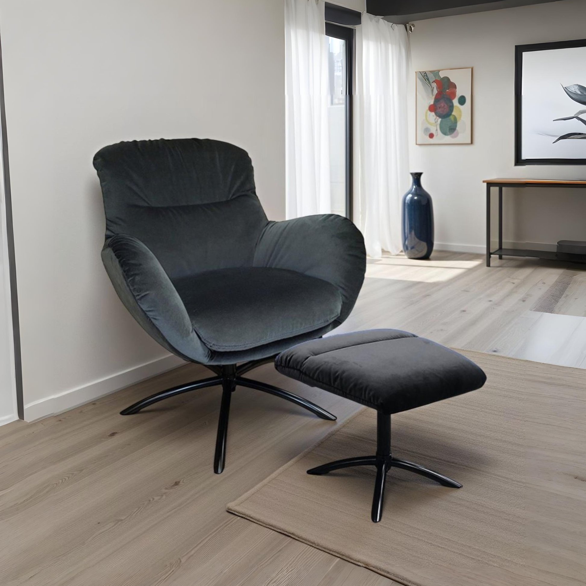 Fjords Skagen low back velvet chair with ottoman in living room setting for comfort furniture