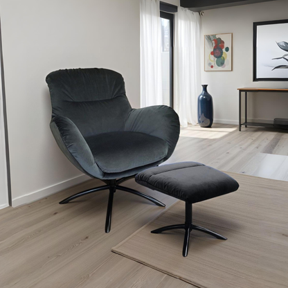 Fjords Skagen low back velvet chair with ottoman in living room setting for comfort furniture