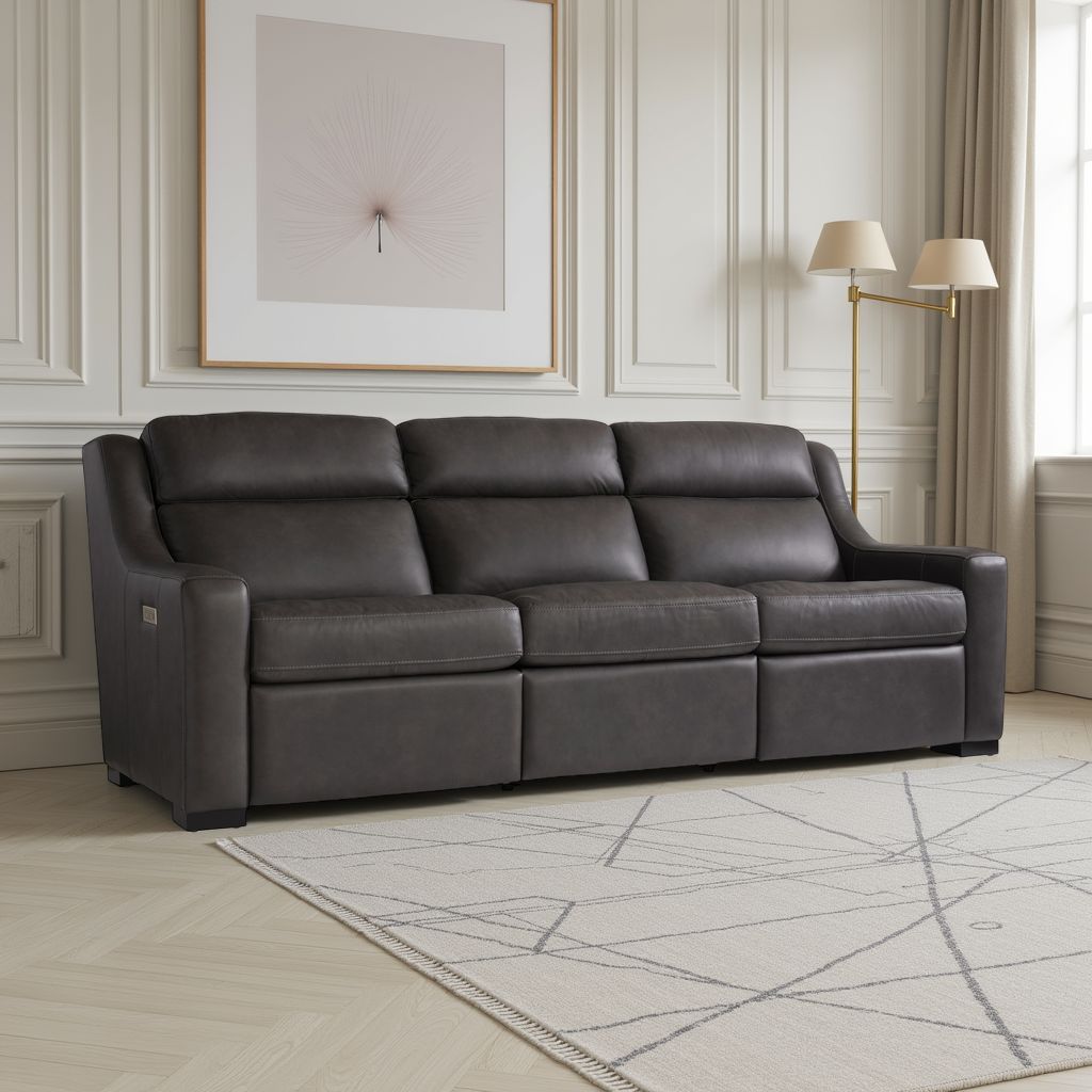 Bernhardt Living Germain Leather Gray Power Motion Sofa
