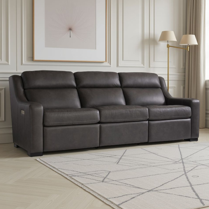 Germain gray leather sofa seat cushion close-up showing plush comfort and quality construction for comfort design furniture