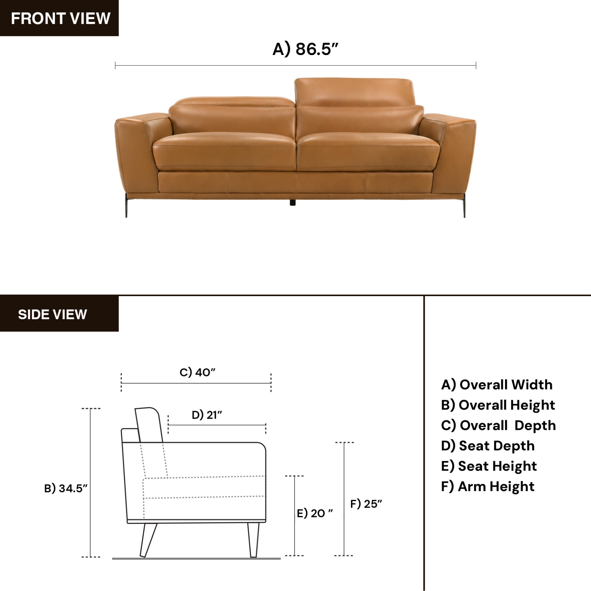 Gio Italia Florence Premium Clay Leather Sofa with Metal Legs- Comfort Furniture