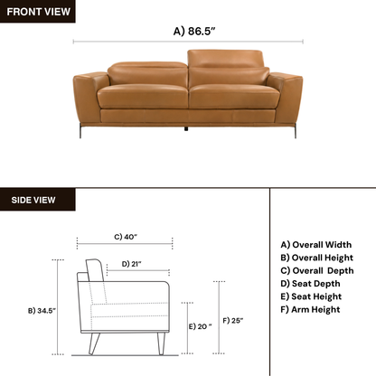 Gio Italia Florence Premium Clay Leather Sofa with Metal Legs- Comfort Furniture
