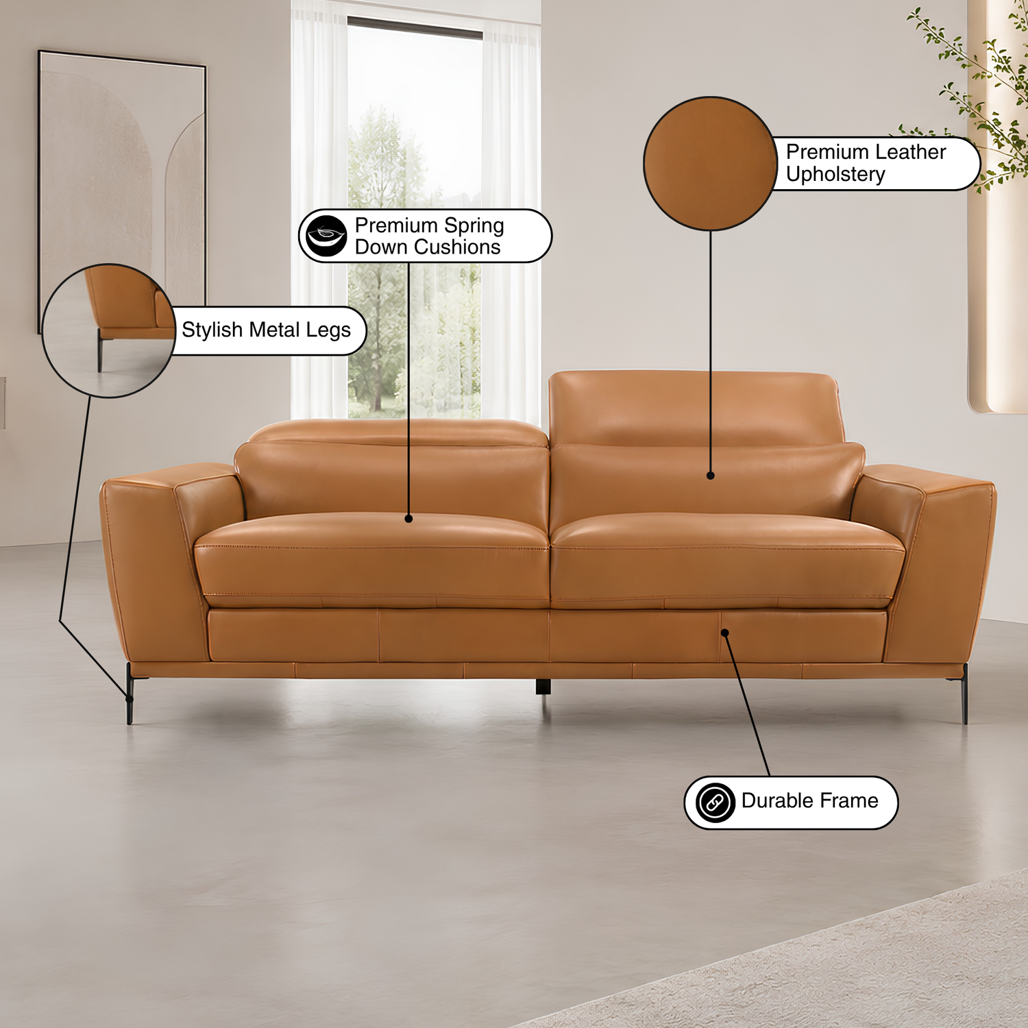 Gio Italia Florence Premium Clay Leather Sofa with Metal Legs- Comfort Furniture