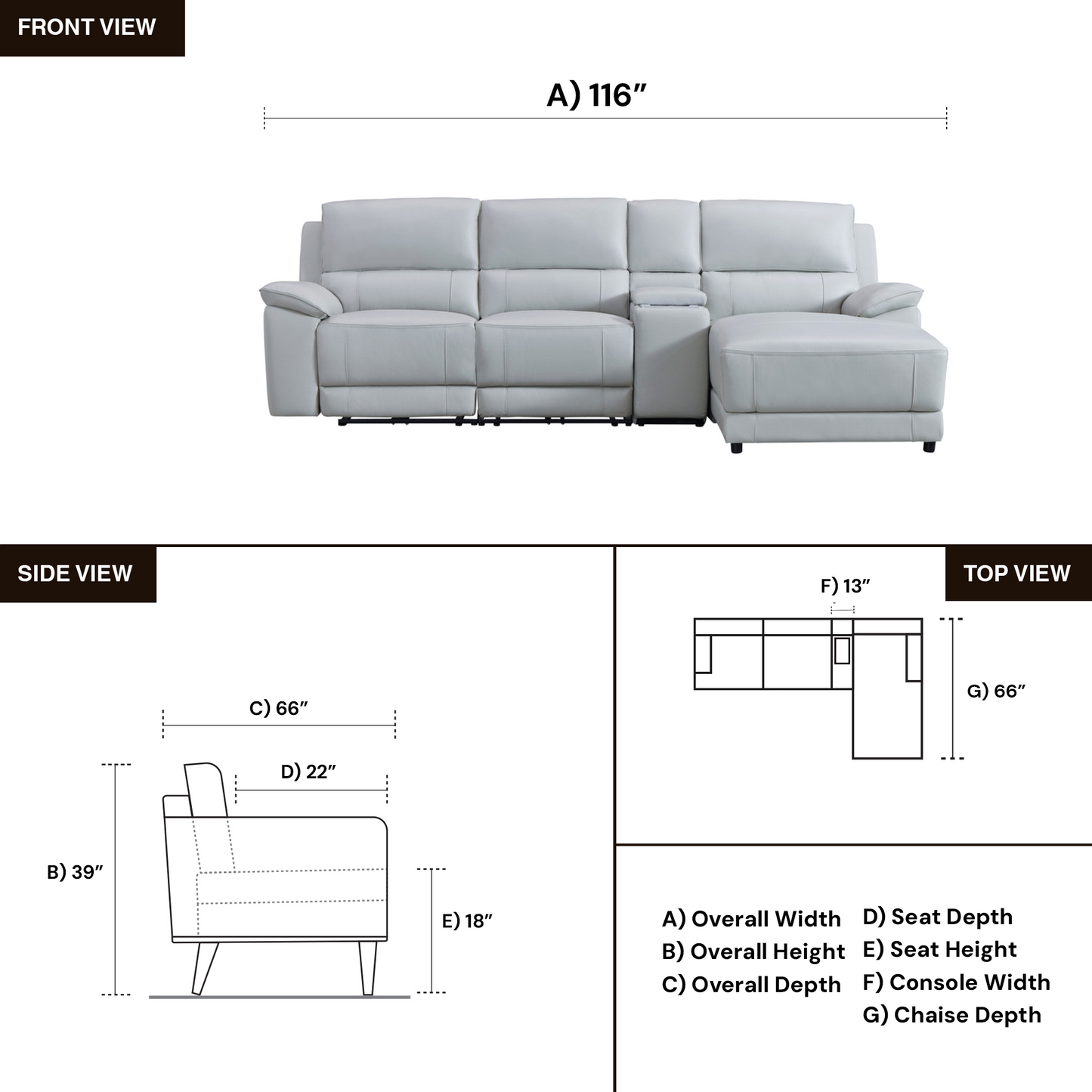 Gio Italia Hestino Leather Power Recliner Sectional with Chaise & Console