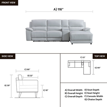 Gio Italia Hestino Leather Power Recliner Sectional with Chaise & Console