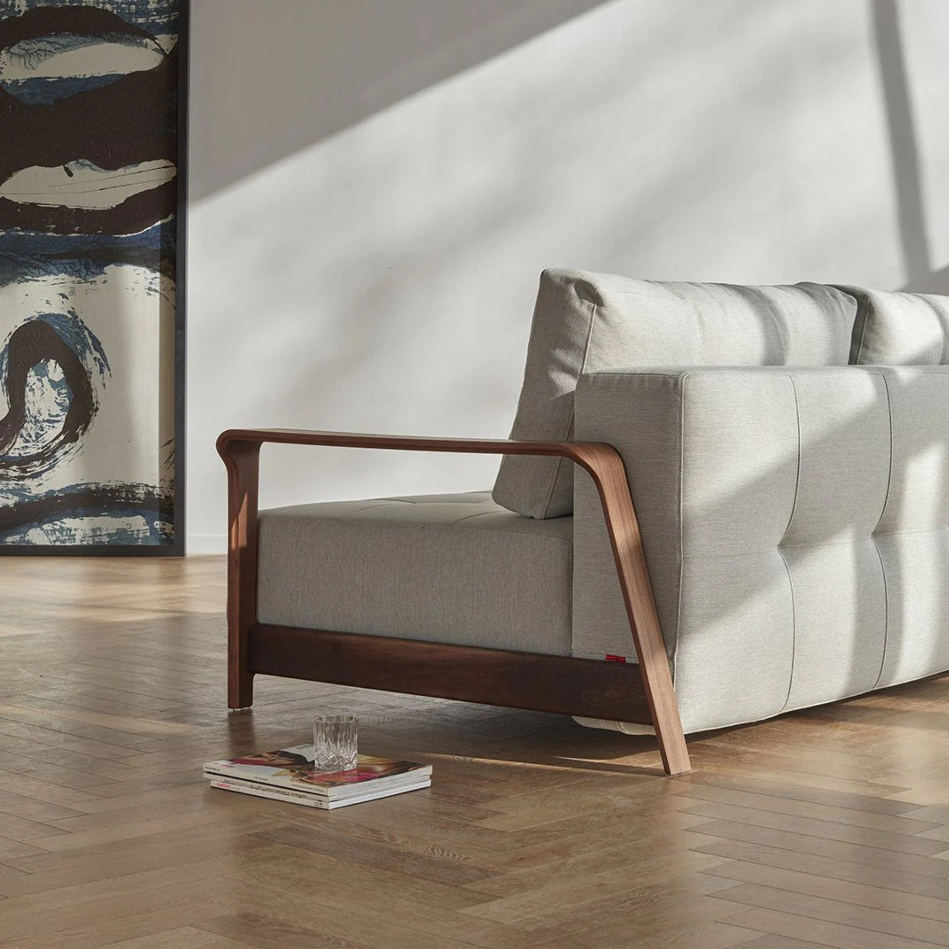 Innovation Living Ran Deluxe Fabric Lounger Sleeper Sofa with Wood Arms-comfortdesignfurniture