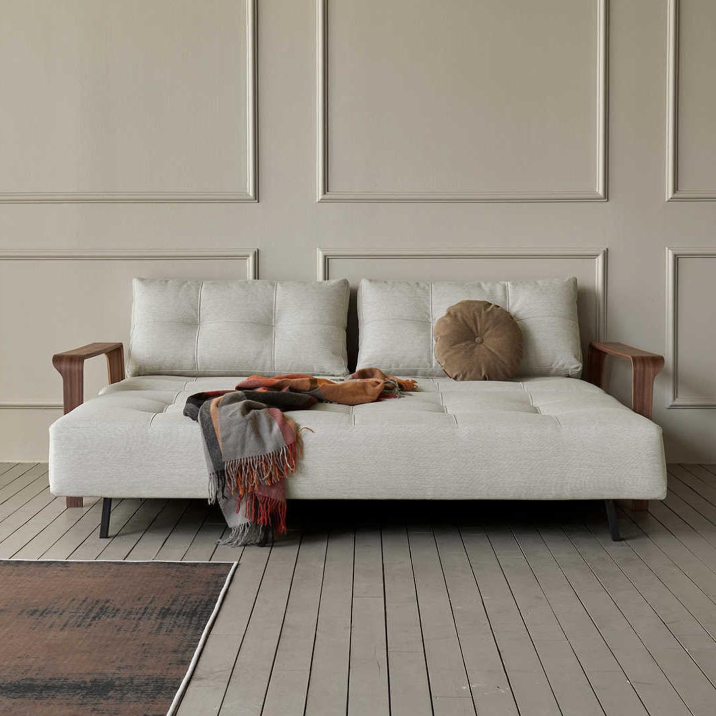Innovation Living Ran Deluxe Fabric Lounger Sleeper Sofa with Wood Arms-comfortdesignfurniture