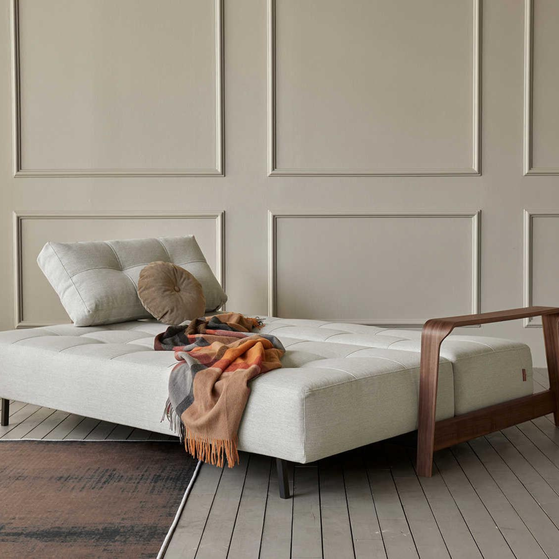 Innovation Living Ran Deluxe Fabric Lounger Sleeper Sofa with Wood Arms-comfortdesignfurniture