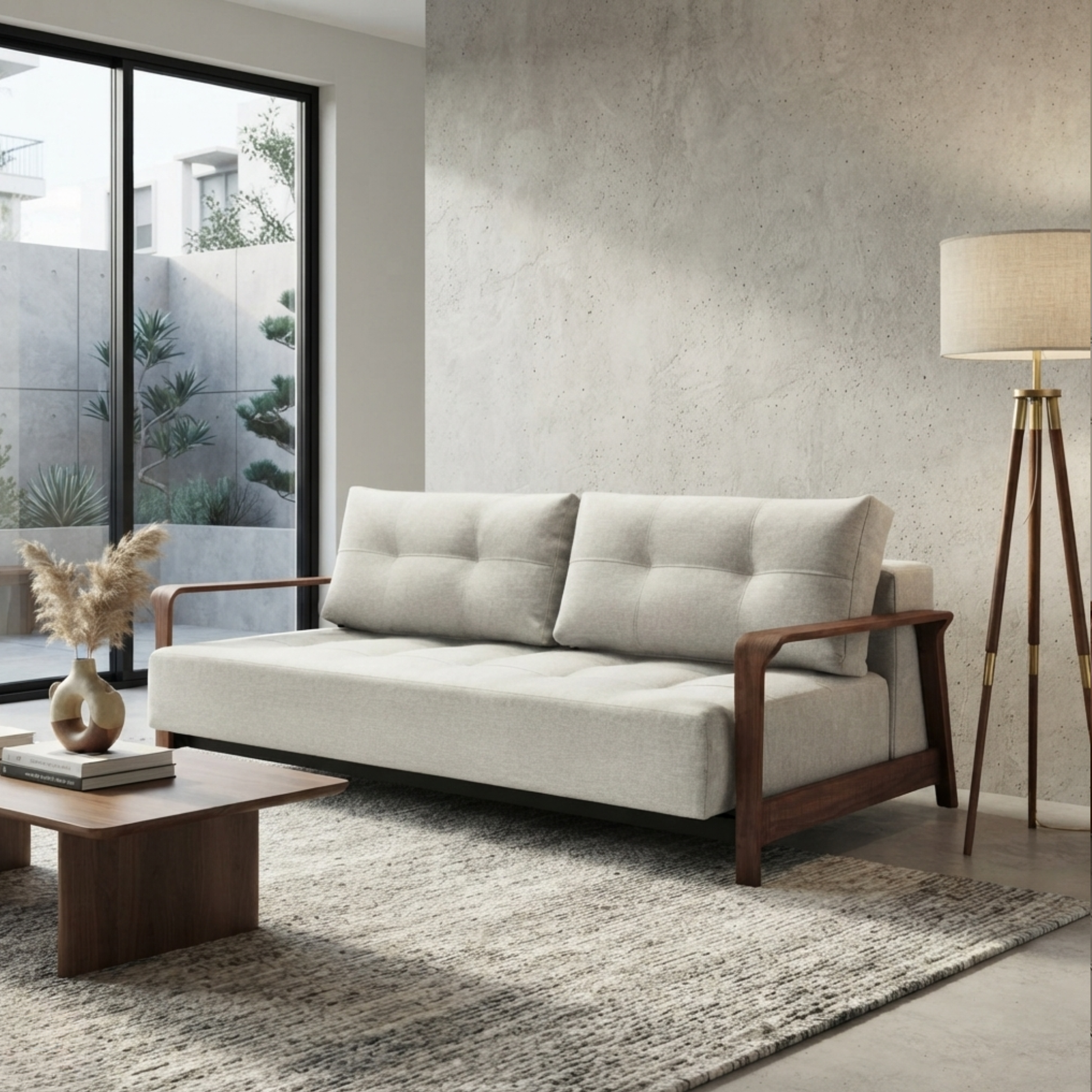 Innovation Living Ran Deluxe Fabric Lounger Sleeper Sofa with Wood Arms-comfortdesignfurniture