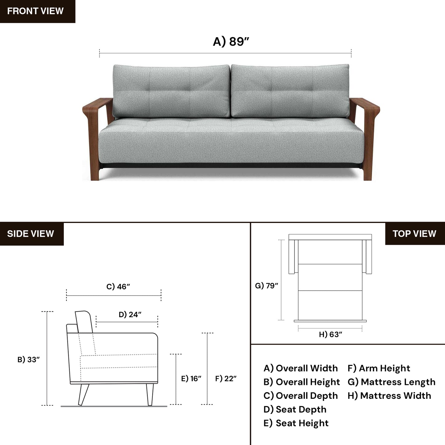 Innovation Living Ran Deluxe Fabric Lounger Sleeper Sofa with Wood Arms-comfortdesignfurniture