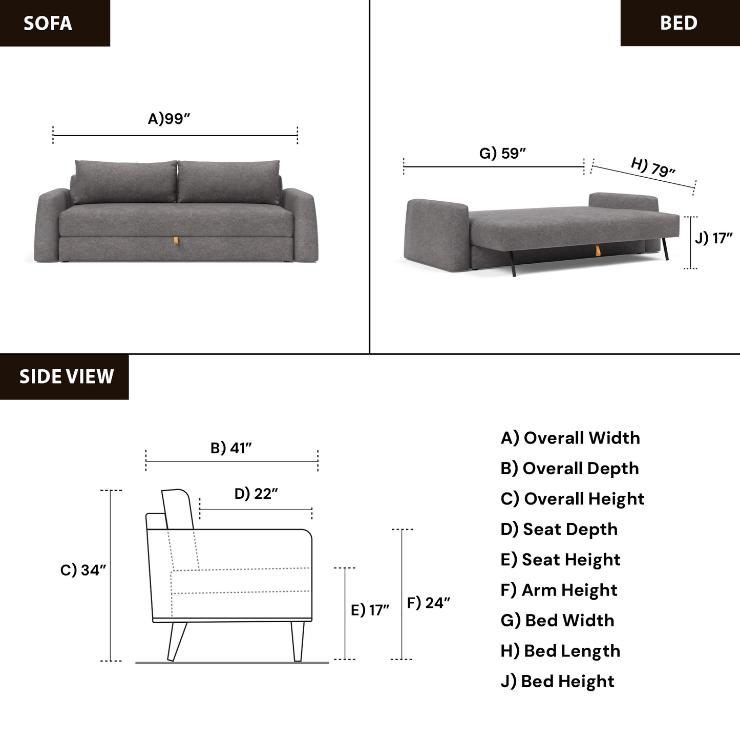 Innovation Living Cone Fabric Convertible Sofa Bed with Storage