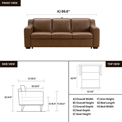 Kathy Ireland Alaves 3-Seater Brown Leather Queen Sleeper Sofa