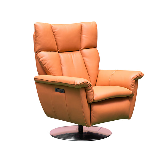 Upright position showing Italian leather upholstery and shell-shaped armrests for comfort design furniture