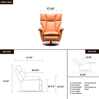 Klaussner Alessandro power recliner dimensional view showing chair proportions and scale for comfort design furniture 