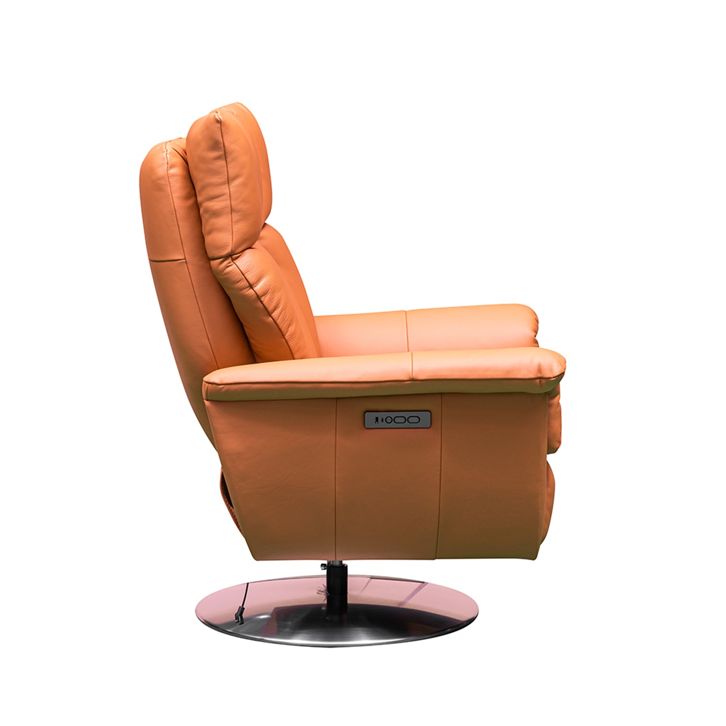Side angle view highlighting the swivel base and chair construction for comfort design furniture