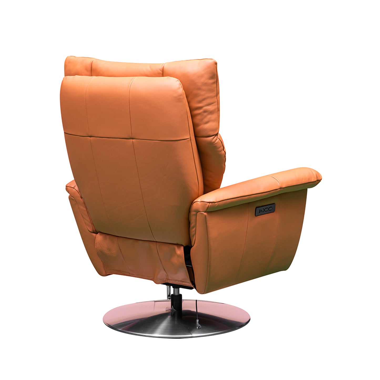 Power recliner back view showing chair construction and swivel mechanism for comfort design furniture