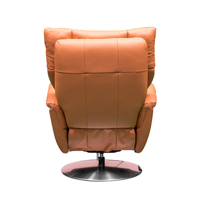 Power recliner back view showing chair construction and swivel mechanism for comfort design furniture