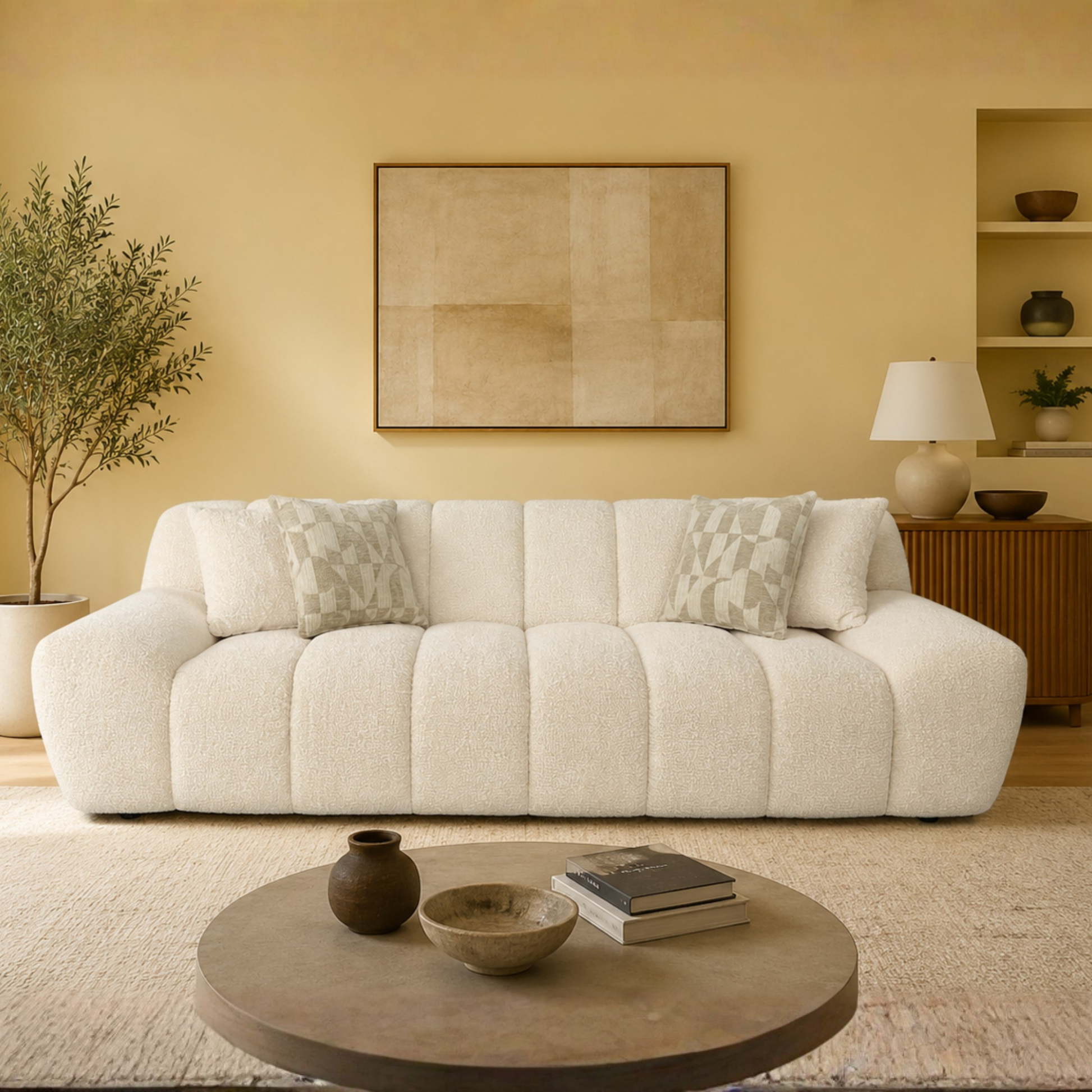 Klaussner Bellanzo Deep Tufted Luxury Bouclé Sofa with Square Arms-Comfortdesignfurniture