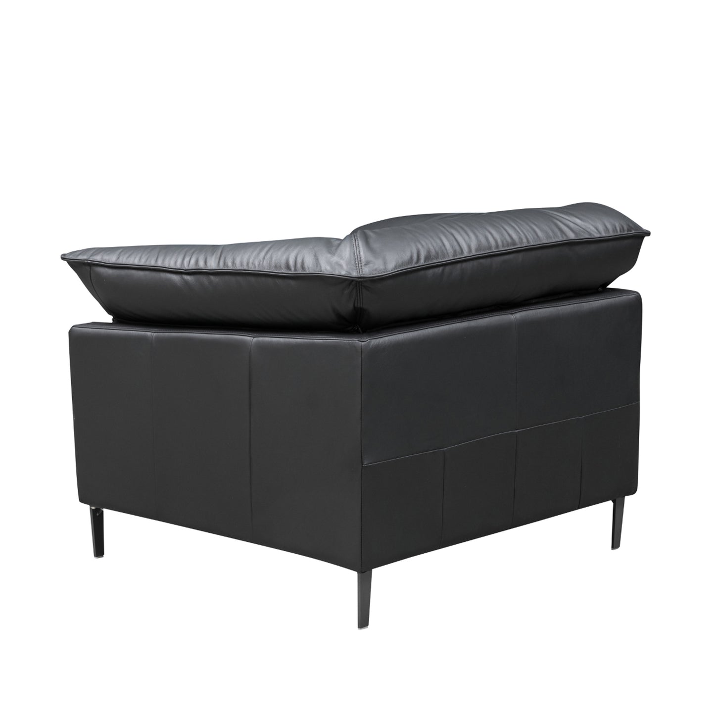 Side profile showing deep stitching detail and metal leg frame for Comfort Design Furniture