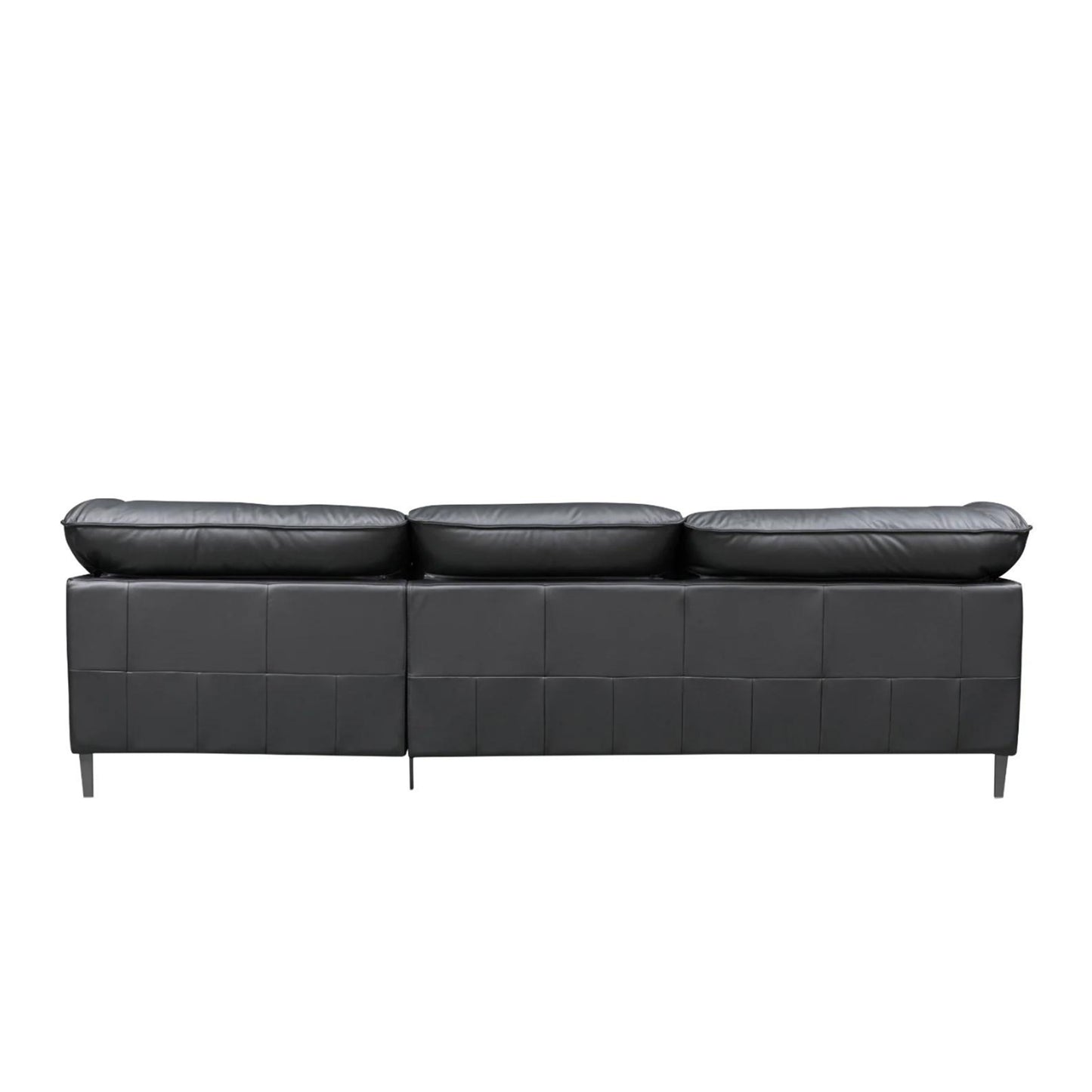Rear view of Klaussner Dolce leather sofa highlighting durable wood and metal frame construction for Comfort Design Furniture