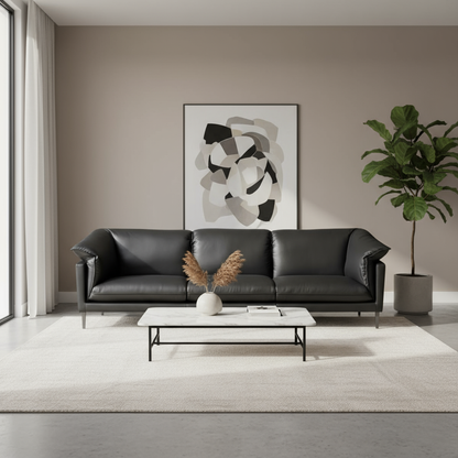 Wide shot of Klaussner Dolce stationary leather sofa for comfort deisgn furniture